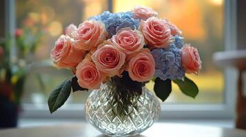 A vase with pink and blue roses sitting on a table photo
