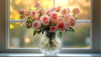 A vase of pink roses sitting on a window sill photo