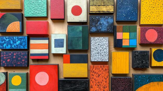 A wall of colorful squares with different shapes photo