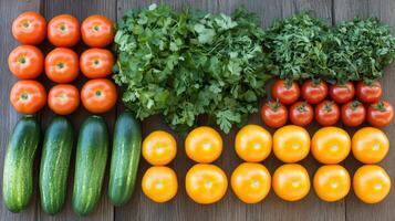 un variedad de vegetales arreglado en un fila en un de madera mesa foto