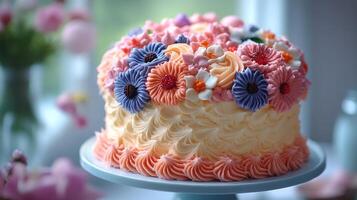 A cake with colorful flowers on top photo