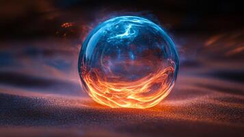 A blue and orange ball with fire coming out of it photo
