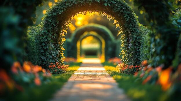 A pathway through a garden with a archway photo