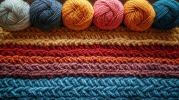 A close up of yarn balls on a colorful striped blanket photo