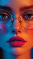 A woman with glasses and a pink lip photo