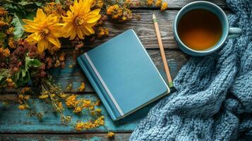 Autumn flowers and a notebook on a wooden table photo