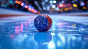 A curling ball sits on the ice in front of a crowd photo
