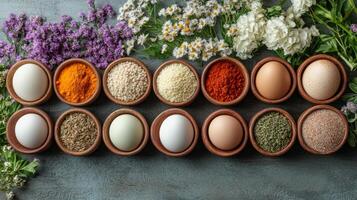 Different types of eggs and herbs photo