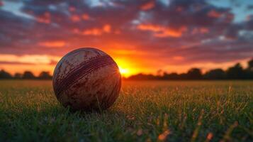 Rugby ball on grass at sunset photo