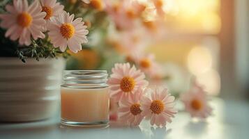 A jar of chamomile flowers and a vase of pink daisies on a photo