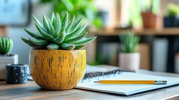 Succulent plant in yellow pot on wooden table photo
