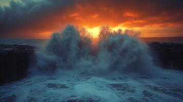A large wave crashing into the ocean at sunset photo