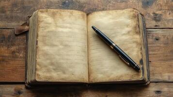 An old book with a pen on top of a wooden table photo