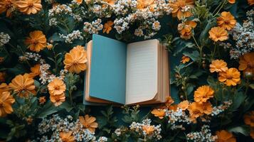 An open book is surrounded by flowers photo