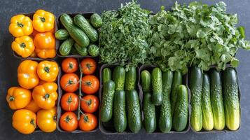 Fresco vegetales en cajas en un oscuro mesa foto