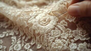 A person is sewing a lace pattern on a fabric photo