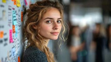 A young woman is leaning against a wall with sticky notes on it photo