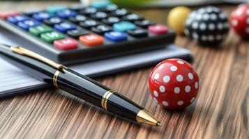 Calculator and notebook on wooden desk for planning and organizing tasks photo