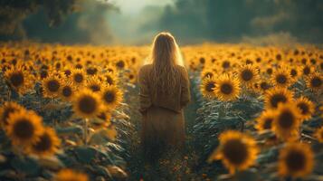 Woman walking through a vibrant sunflower field during golden hour in late summer photo