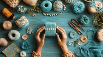 Crafting a beautiful creation with teal yarn and supplies on a wooden table photo