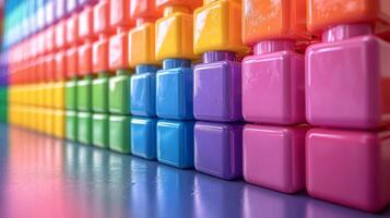 Colorful building blocks arranged in a line showcasing creativity and playtime fun photo