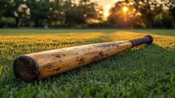A baseball bat laying on the grass in the sun photo