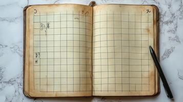An open notebook with a pen on top photo