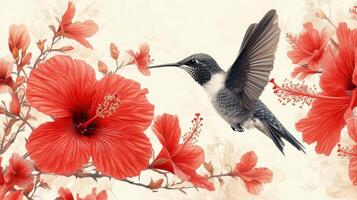 A hummingbird is flying over red flowers photo