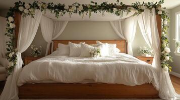 A bed with white sheets and a canopy photo