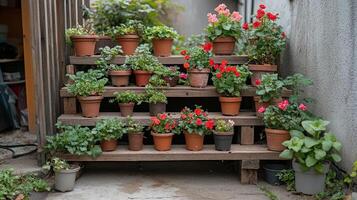 A wooden ladder with many pots of flowers photo