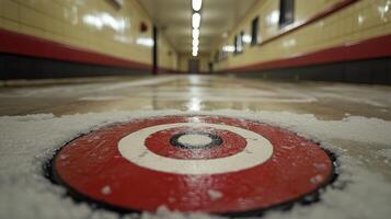 A red and white target is sitting on the floor photo