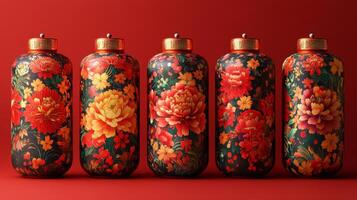 A row of colorful vases with floral designs photo