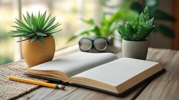 Open book, pencil, and plant on wooden table photo
