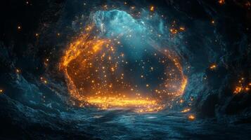 A cave with fire coming out of it photo