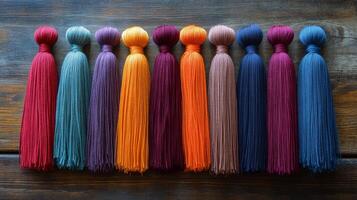 A row of colorful tassels on a wooden table photo