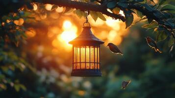 A lamp hanging from a tree with birds flying around photo