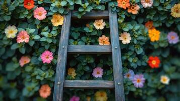 A ladder is surrounded by flowers photo
