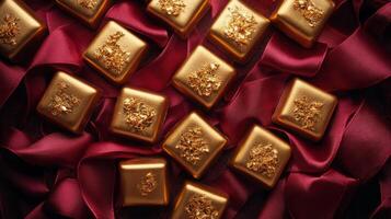 Golden chocolate bars on red satin photo