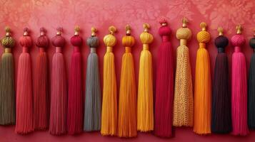 A row of colorful tassels hanging on a wall photo