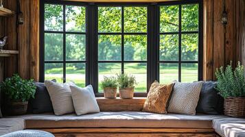 Cozy seating area with large window overlooking green landscape in a modern home photo