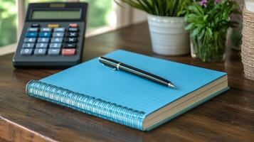 Simple workspace setup with a blue notebook, pen, and calculator on a wooden desk in a bright room photo