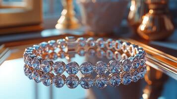 A diamond bracelet on a table in front of a window photo