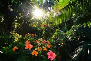 Sun shining through the trees in a tropical garden photo