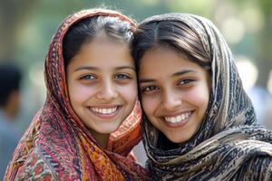 Two young women smiling and posing for the camera photo