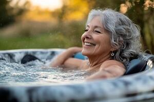 An older woman smiling in a hot tub photo