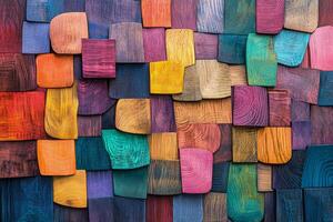 Colorful wooden wall with many different colored pieces photo
