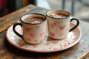 Two mugs of hot chocolate with hearts on them photo