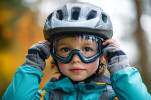 A young boy wearing a helmet and goggles photo