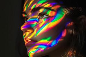 A woman with rainbow colored light on her face photo