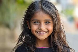 A young girl with long hair smiling photo